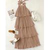 imageZESICA Womens 2025 Summer Sleeveless Halter Neck Ruffle Tiered Layed Chiffon Flowy Swing Long Midi DressKhaki