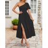 imageZESICA Womens Boho Summer One Shoulder Short Sleeve Smocked Side Split Ruffle Swing Midi DressBlack