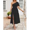 imageZESICA Womens Boho Summer One Shoulder Short Sleeve Smocked Side Split Ruffle Swing Midi DressBlack