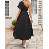 imageZESICA Womens Boho Summer One Shoulder Short Sleeve Smocked Side Split Ruffle Swing Midi DressBlack