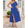 imageZESICA Womens Boho Summer One Shoulder Short Sleeve Smocked Side Split Ruffle Swing Midi DressBlue