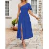 imageZESICA Womens Boho Summer One Shoulder Short Sleeve Smocked Side Split Ruffle Swing Midi DressBlue