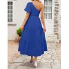 imageZESICA Womens Boho Summer One Shoulder Short Sleeve Smocked Side Split Ruffle Swing Midi DressBlue