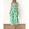 imageZESICA Womens Boho Summer One Shoulder Short Sleeve Smocked Side Split Ruffle Swing Midi DressBright Green