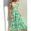 imageZESICA Womens Boho Summer One Shoulder Short Sleeve Smocked Side Split Ruffle Swing Midi DressBright Green