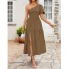 imageZESICA Womens Boho Summer One Shoulder Short Sleeve Smocked Side Split Ruffle Swing Midi DressBrown