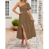 imageZESICA Womens Boho Summer One Shoulder Short Sleeve Smocked Side Split Ruffle Swing Midi DressBrown