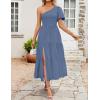 imageZESICA Womens Boho Summer One Shoulder Short Sleeve Smocked Side Split Ruffle Swing Midi DressDusty Blue