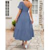 imageZESICA Womens Boho Summer One Shoulder Short Sleeve Smocked Side Split Ruffle Swing Midi DressDusty Blue