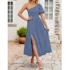 imageZESICA Womens Boho Summer One Shoulder Short Sleeve Smocked Side Split Ruffle Swing Midi DressDusty Blue