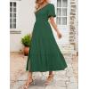 imageZESICA Womens Boho Summer One Shoulder Short Sleeve Smocked Side Split Ruffle Swing Midi DressForest Green