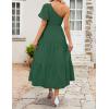 imageZESICA Womens Boho Summer One Shoulder Short Sleeve Smocked Side Split Ruffle Swing Midi DressForest Green