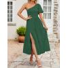 imageZESICA Womens Boho Summer One Shoulder Short Sleeve Smocked Side Split Ruffle Swing Midi DressForest Green