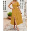 imageZESICA Womens Boho Summer One Shoulder Short Sleeve Smocked Side Split Ruffle Swing Midi DressGinger