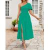 imageZESICA Womens Boho Summer One Shoulder Short Sleeve Smocked Side Split Ruffle Swing Midi DressGreen