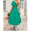 imageZESICA Womens Boho Summer One Shoulder Short Sleeve Smocked Side Split Ruffle Swing Midi DressGreen