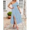 imageZESICA Womens Boho Summer One Shoulder Short Sleeve Smocked Side Split Ruffle Swing Midi DressLight Blue