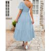 imageZESICA Womens Boho Summer One Shoulder Short Sleeve Smocked Side Split Ruffle Swing Midi DressLight Blue
