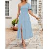 imageZESICA Womens Boho Summer One Shoulder Short Sleeve Smocked Side Split Ruffle Swing Midi DressLight Blue