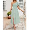 imageZESICA Womens Boho Summer One Shoulder Short Sleeve Smocked Side Split Ruffle Swing Midi DressLight Green