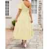 imageZESICA Womens Boho Summer One Shoulder Short Sleeve Smocked Side Split Ruffle Swing Midi DressLight Yellow