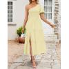 imageZESICA Womens Boho Summer One Shoulder Short Sleeve Smocked Side Split Ruffle Swing Midi DressLight Yellow