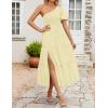 imageZESICA Womens Boho Summer One Shoulder Short Sleeve Smocked Side Split Ruffle Swing Midi DressLight Yellow