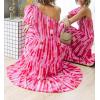 imageZESICA Womens Boho Summer One Shoulder Short Sleeve Smocked Side Split Ruffle Swing Midi DressMagenta