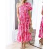 imageZESICA Womens Boho Summer One Shoulder Short Sleeve Smocked Side Split Ruffle Swing Midi DressMagenta