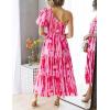 imageZESICA Womens Boho Summer One Shoulder Short Sleeve Smocked Side Split Ruffle Swing Midi DressMagenta