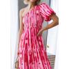 imageZESICA Womens Boho Summer One Shoulder Short Sleeve Smocked Side Split Ruffle Swing Midi DressMagenta