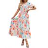 imageZESICA Womens Boho Summer One Shoulder Short Sleeve Smocked Side Split Ruffle Swing Midi DressPeach