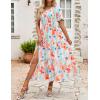 imageZESICA Womens Boho Summer One Shoulder Short Sleeve Smocked Side Split Ruffle Swing Midi DressPeach