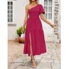 imageZESICA Womens Boho Summer One Shoulder Short Sleeve Smocked Side Split Ruffle Swing Midi DressPlum