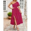 imageZESICA Womens Boho Summer One Shoulder Short Sleeve Smocked Side Split Ruffle Swing Midi DressPlum