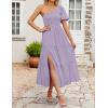 imageZESICA Womens Boho Summer One Shoulder Short Sleeve Smocked Side Split Ruffle Swing Midi DressPurple
