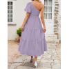 imageZESICA Womens Boho Summer One Shoulder Short Sleeve Smocked Side Split Ruffle Swing Midi DressPurple