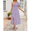 imageZESICA Womens Boho Summer One Shoulder Short Sleeve Smocked Side Split Ruffle Swing Midi DressPurple