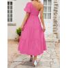 imageZESICA Womens Boho Summer One Shoulder Short Sleeve Smocked Side Split Ruffle Swing Midi DressRose Pink