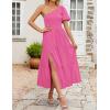 imageZESICA Womens Boho Summer One Shoulder Short Sleeve Smocked Side Split Ruffle Swing Midi DressRose Pink
