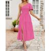 imageZESICA Womens Boho Summer One Shoulder Short Sleeve Smocked Side Split Ruffle Swing Midi DressRose Pink