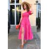 imageZESICA Womens Boho Summer One Shoulder Short Sleeve Smocked Side Split Ruffle Swing Midi DressRose Pink
