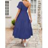 imageZESICA Womens Boho Summer One Shoulder Short Sleeve Smocked Side Split Ruffle Swing Midi DressRoyal Blue