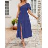 imageZESICA Womens Boho Summer One Shoulder Short Sleeve Smocked Side Split Ruffle Swing Midi DressRoyal Blue