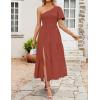 imageZESICA Womens Boho Summer One Shoulder Short Sleeve Smocked Side Split Ruffle Swing Midi DressRust