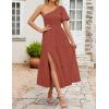 imageZESICA Womens Boho Summer One Shoulder Short Sleeve Smocked Side Split Ruffle Swing Midi DressRust