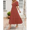 imageZESICA Womens Boho Summer One Shoulder Short Sleeve Smocked Side Split Ruffle Swing Midi DressRust