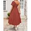 imageZESICA Womens Boho Summer One Shoulder Short Sleeve Smocked Side Split Ruffle Swing Midi DressRust