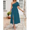 imageZESICA Womens Boho Summer One Shoulder Short Sleeve Smocked Side Split Ruffle Swing Midi DressTeal