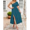 imageZESICA Womens Boho Summer One Shoulder Short Sleeve Smocked Side Split Ruffle Swing Midi DressTeal